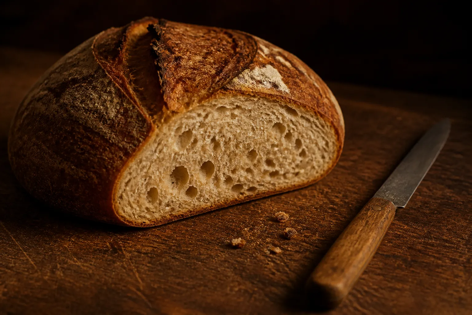 Angeschnittener Brotlaib auf einer abgewetzten Holzplatte, Stimmungsbild