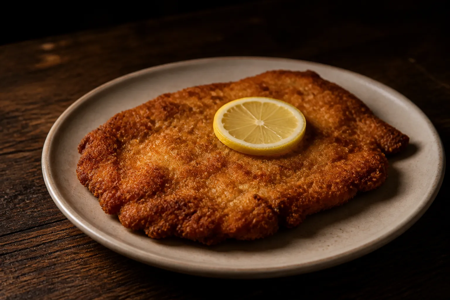 Paniertes Schnitzel mit einer Scheibe Zitrone auf einem schlichten Teller, Stimmungsbild