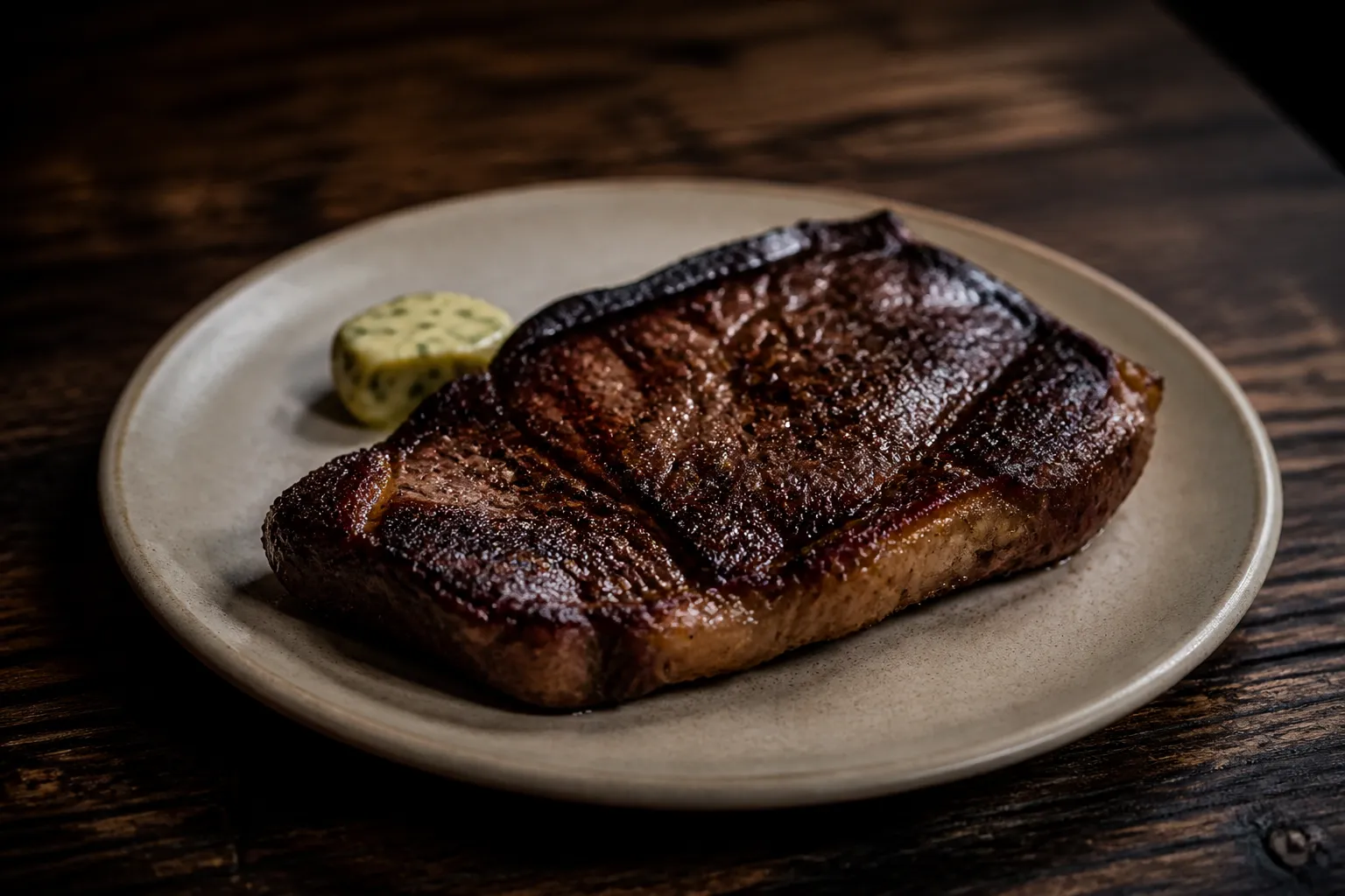 Gebratenes Steak auf einem schlichten Teller, Stimmungsbild