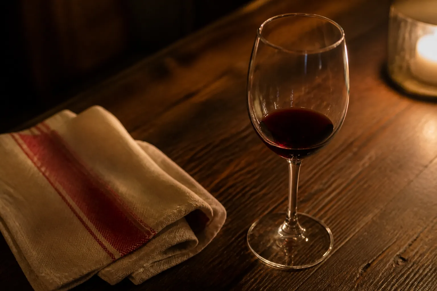 Gedeckter Holztisch bei Kerzenlicht mit einem Glas Rotwein, Stimmungsbild